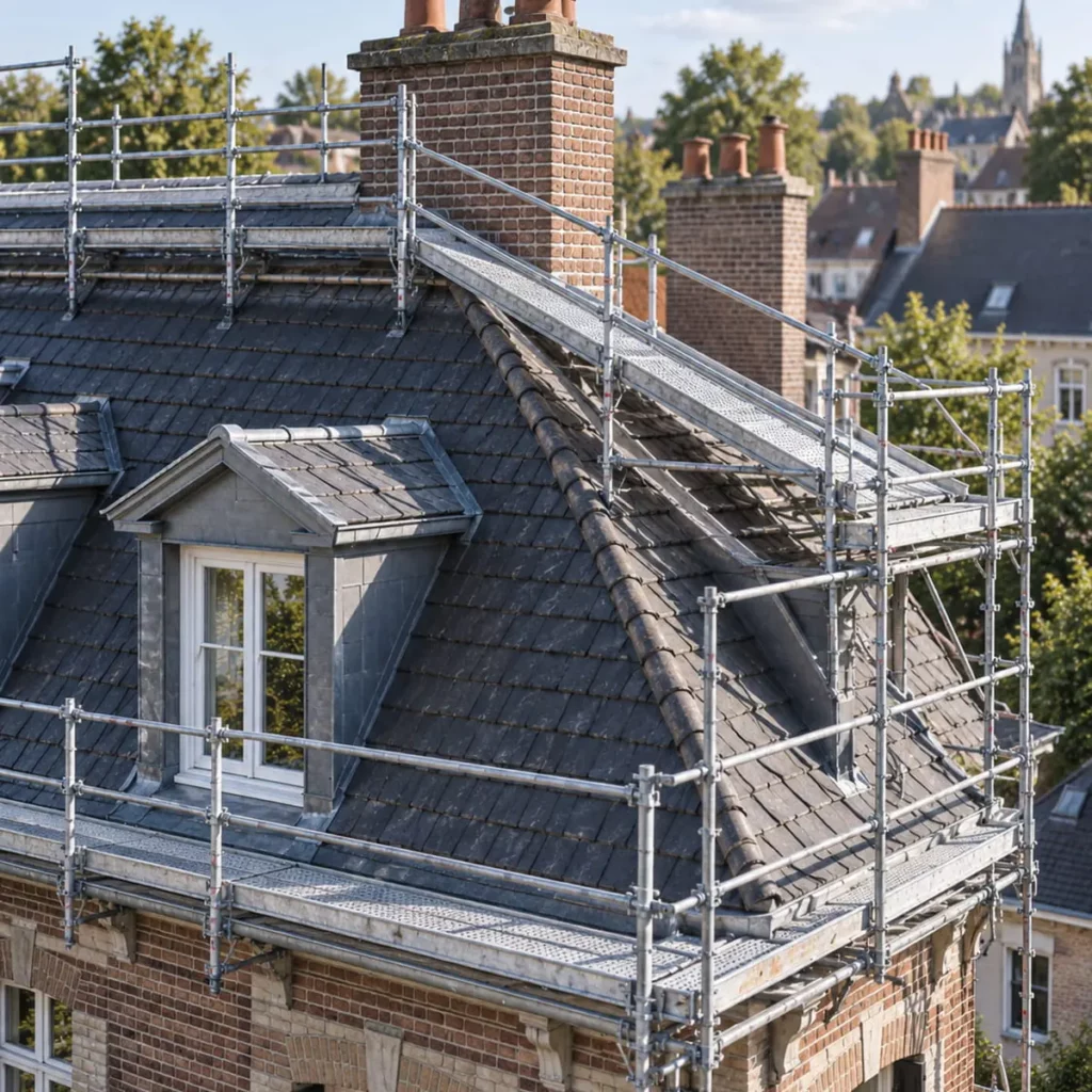 Accès toiture et échafaudage à Douai illustrant l’organisation du matériel de chantier