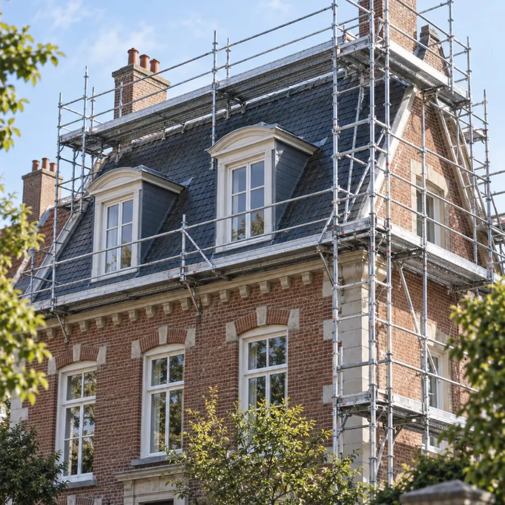 Façade en rénovation à Valenciennes illustrant des travaux nécessitant de la découpe