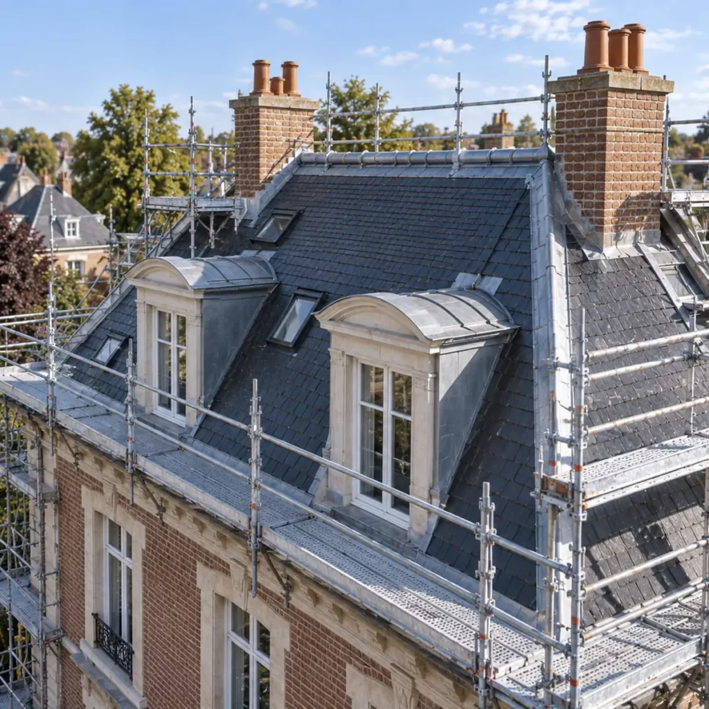 Échafaudage couvreur Arras autour d’une toiture en ardoise, sans bâche