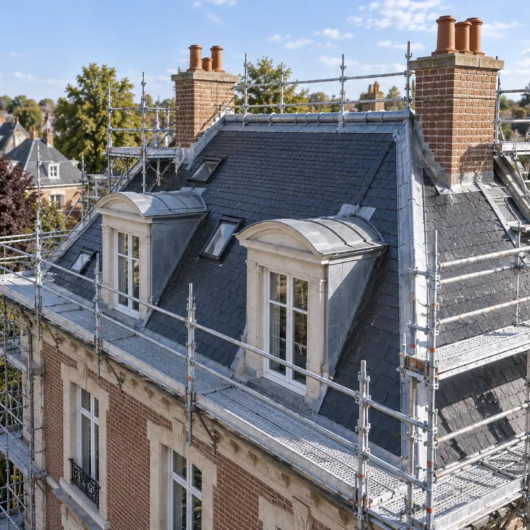 Échafaudage couvreur Arras autour d’une toiture en ardoise, sans bâche