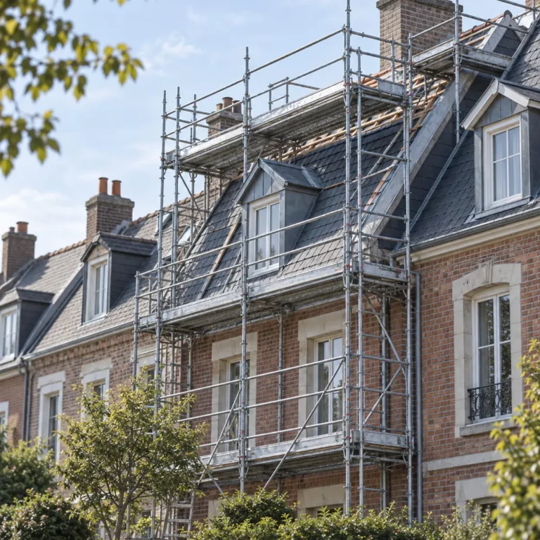 Échafaudage façade Villeneuve : maison de ville à Villeneuve-d’Ascq en rénovation, sans bâche