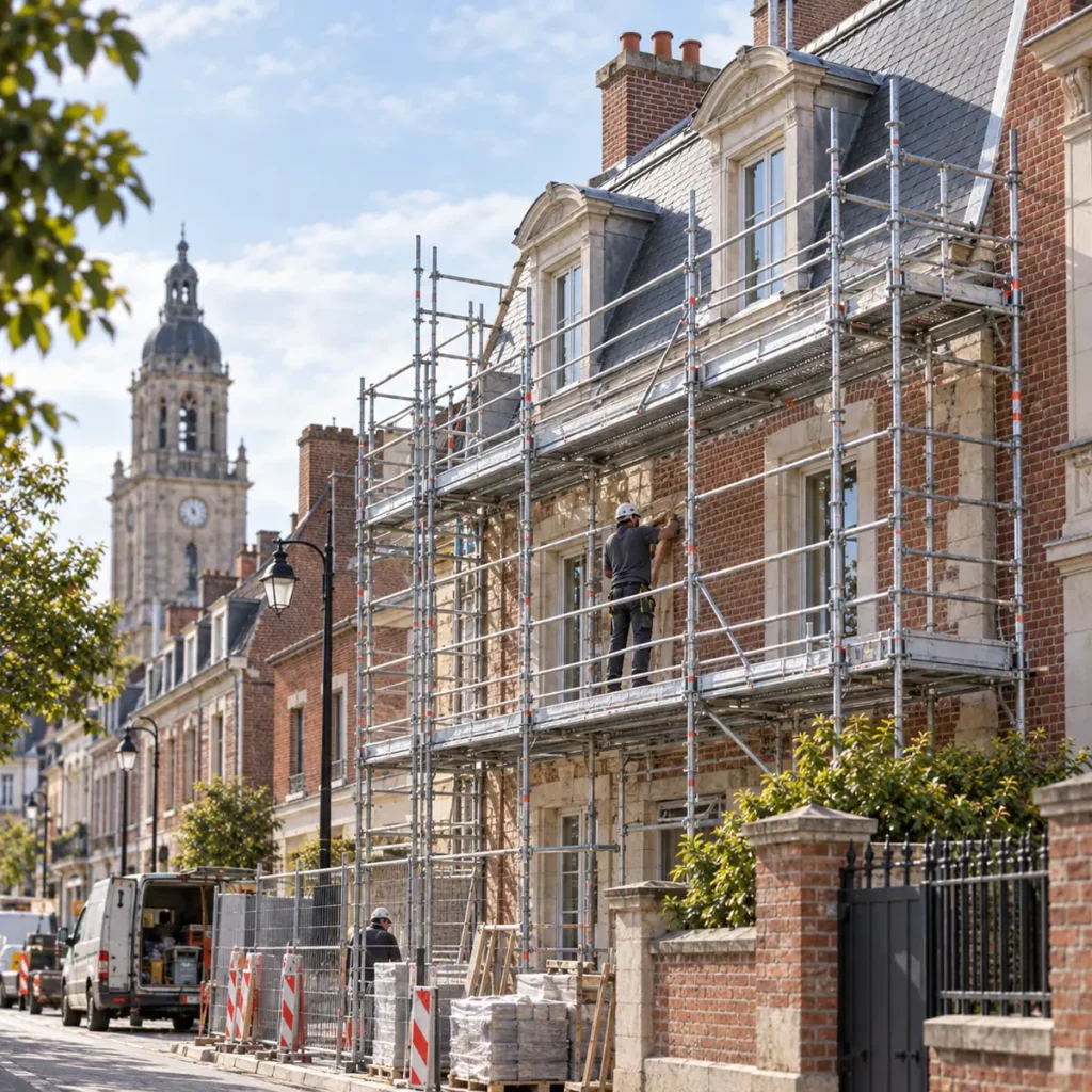 Échafaudage Lens sur une façade urbaine en rénovation