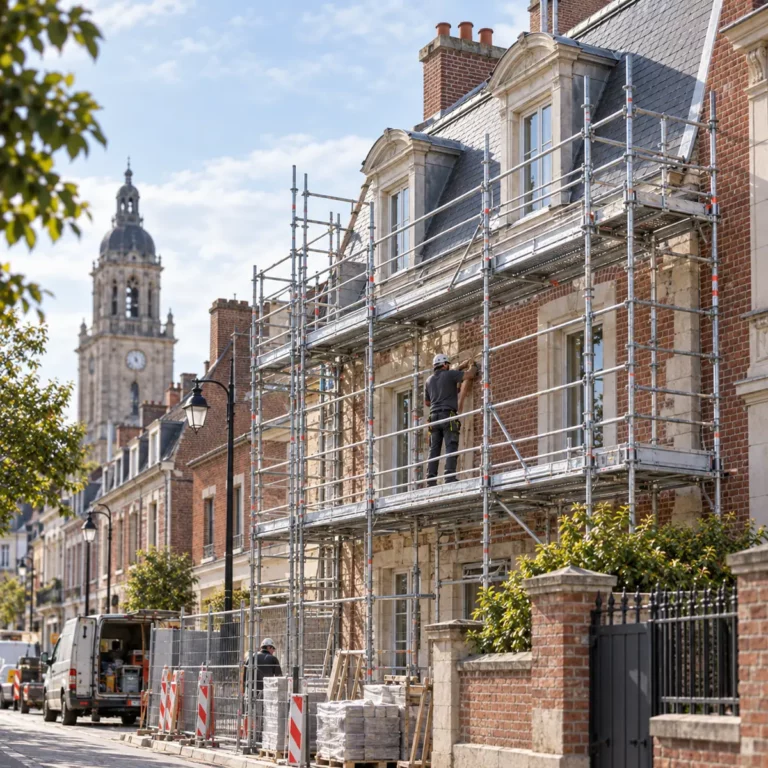 Échafaudage Lens sur une façade urbaine en rénovation