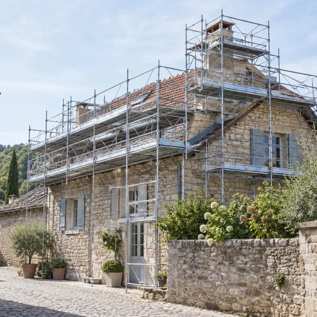 Échafaudage multidirectionnel Lens sur une maison à plusieurs volumes, sans bâche