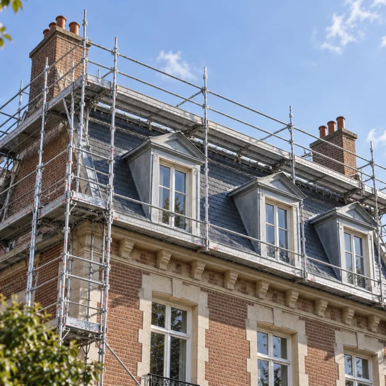Lot échafaudage occasion Hénin-Beaumont installé sur une façade résidentielle, sans bâche