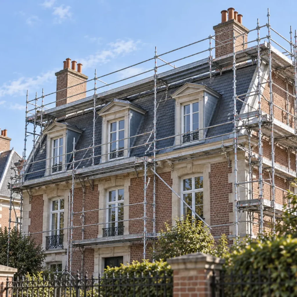 Matériel couvreur Oise sur une maison de caractère avec échafaudage, sans bâche