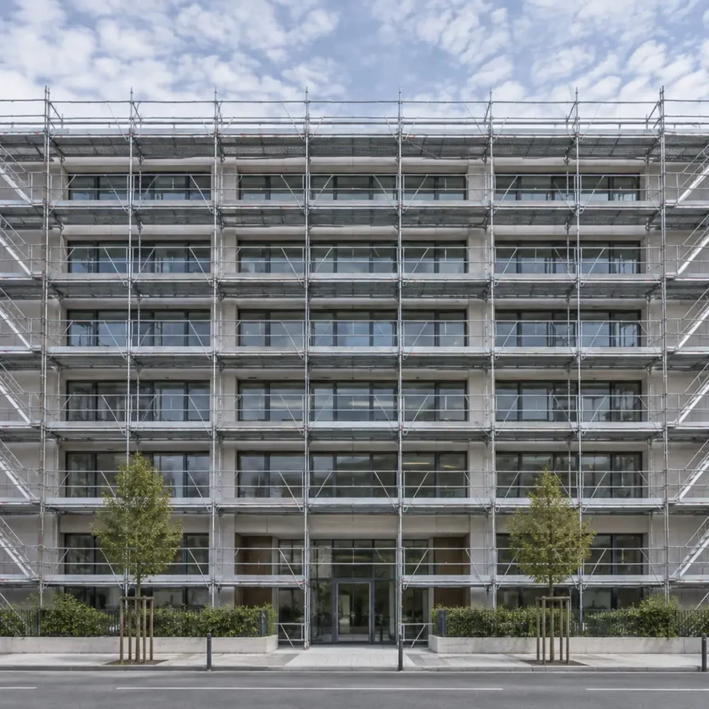 Immeuble en échafaudage à Amiens illustrant des travaux de préparation de façade