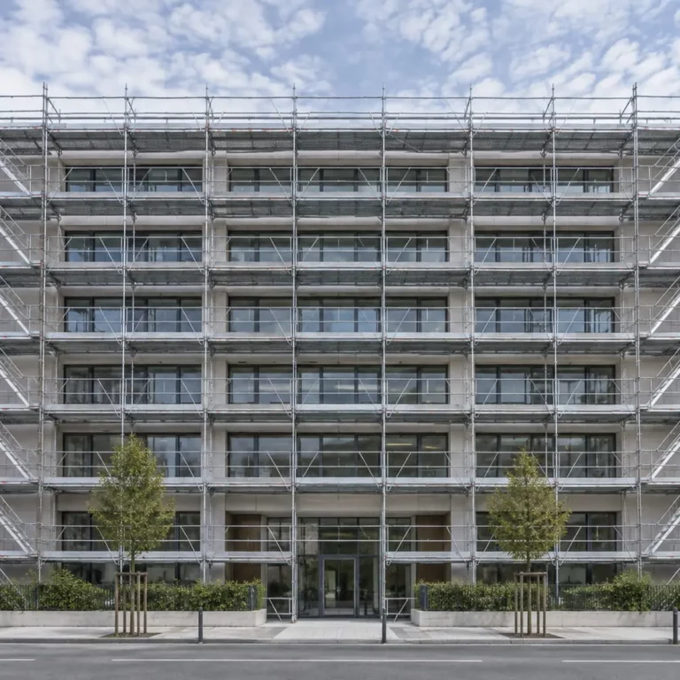 Immeuble en échafaudage à Amiens illustrant des travaux de préparation de façade