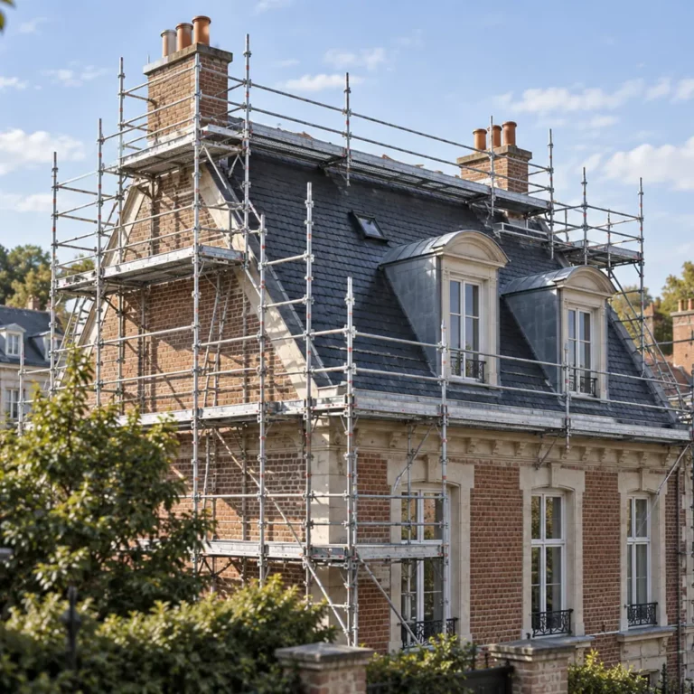 Maison de caractère en échafaudage à Senlis illustrant un besoin de levage de matériaux
