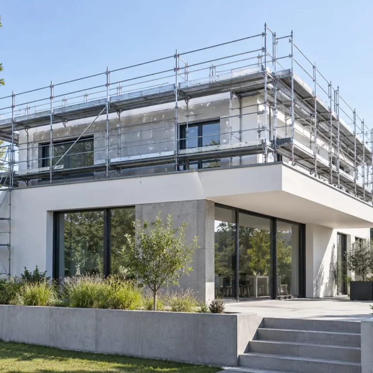 Monte-matériaux Valenciennes avec échafaudage sur un chantier en hauteur, sans bâche